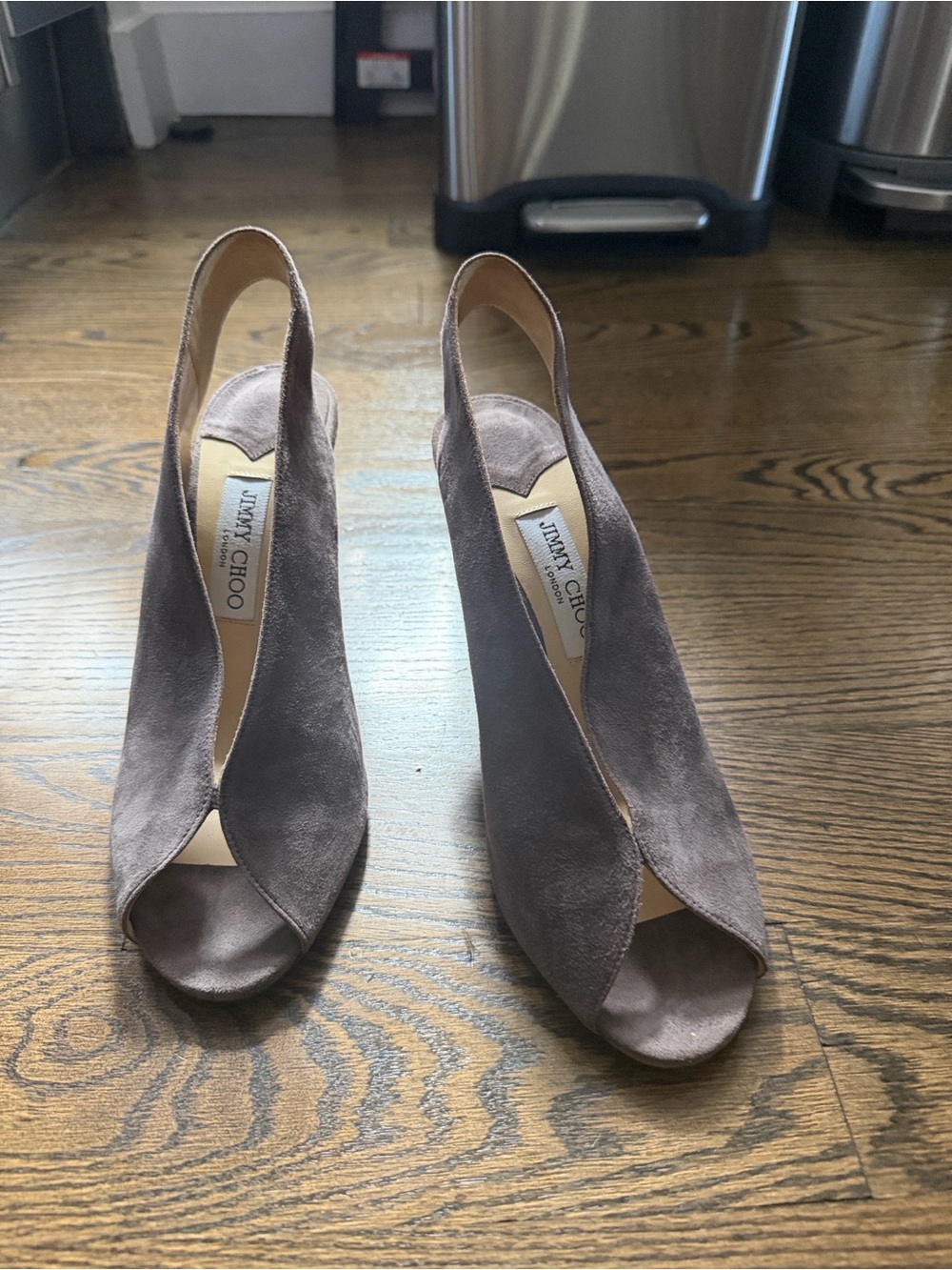 Jimmy Choo Gray Suede Peep-Toe Slingback Heels